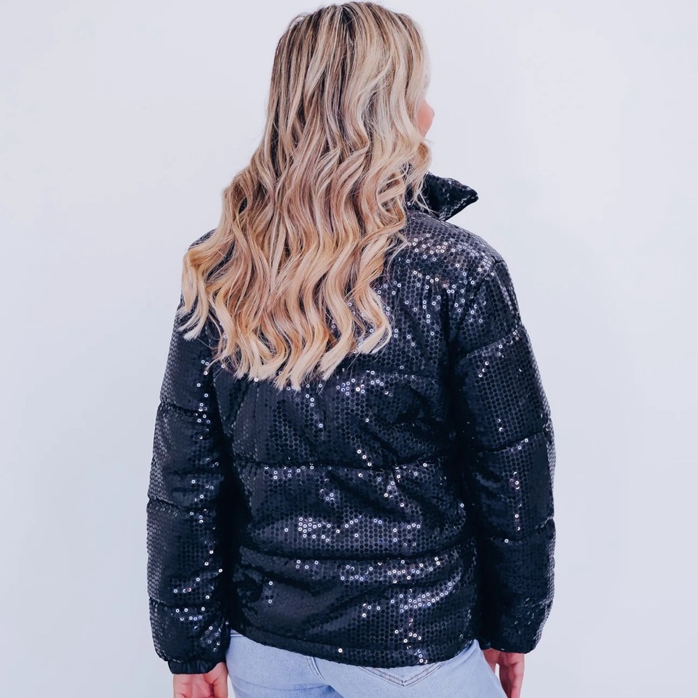 SOUTHERN SPARKLE SEQUIN PUFF JACKET - BLACK - Picture 4 of 5
